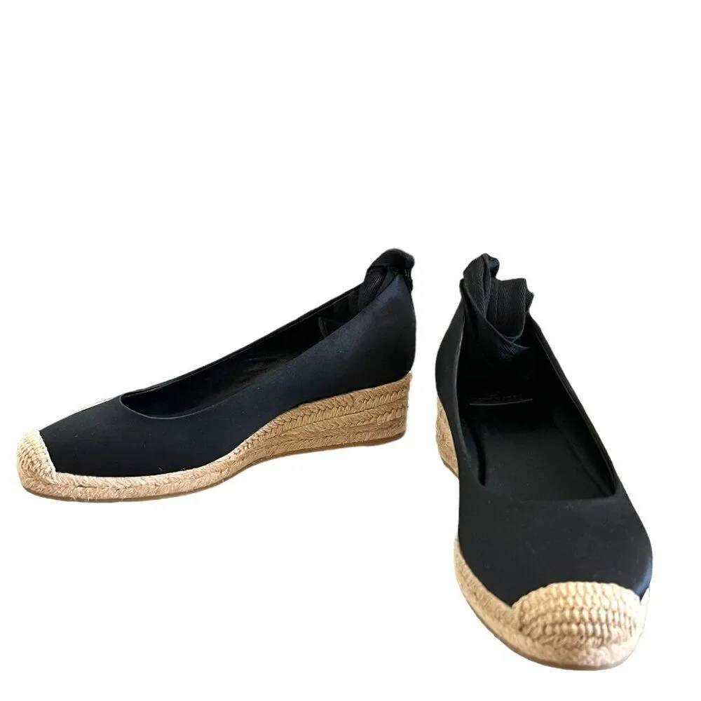 Tory Burch Heather Satin Wedge Espadrille In Black Size 6.5